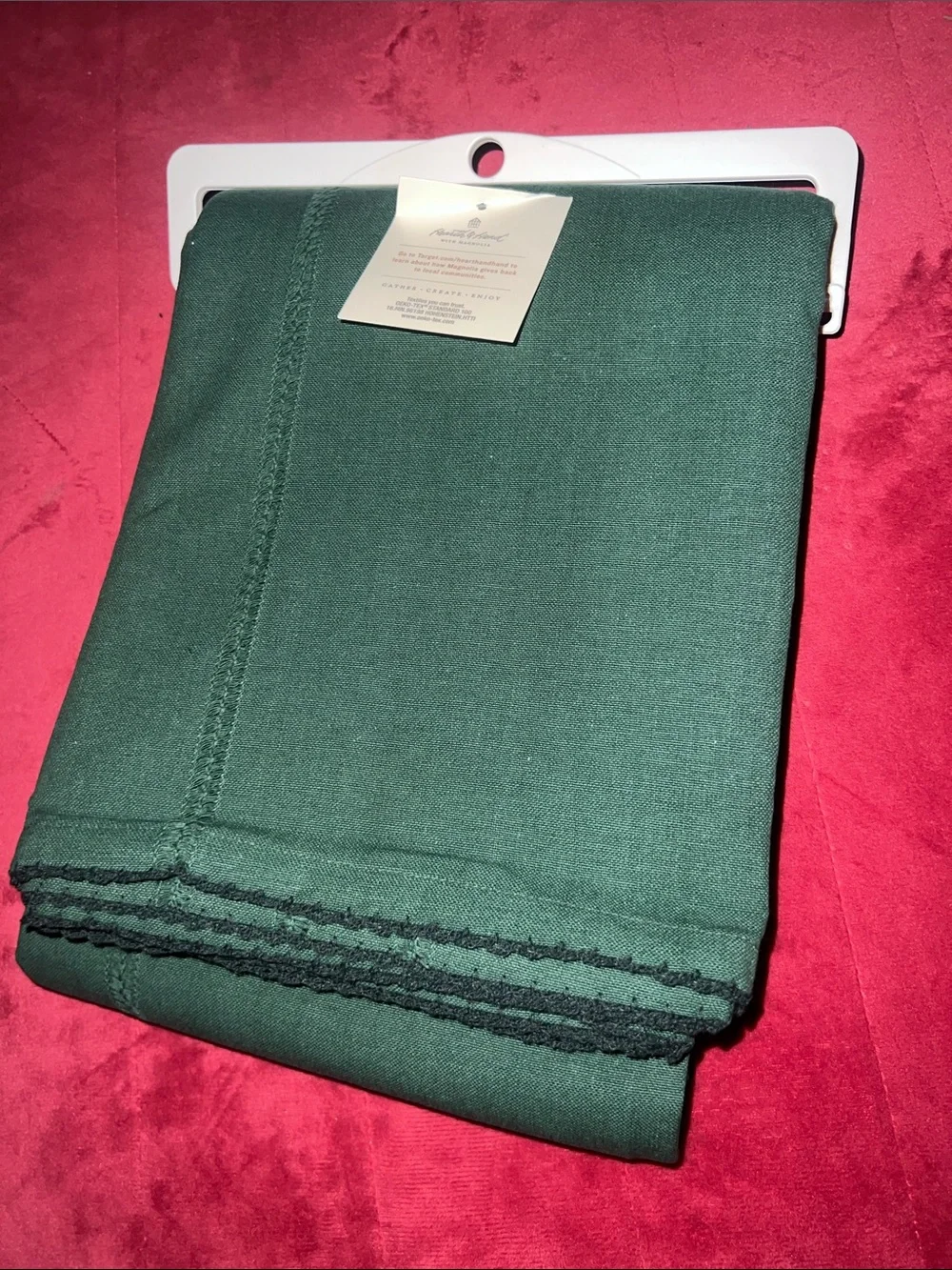 Hearth and Hand with Magnolia 60” x 84” tonal trim green tablecloth.  NWT.